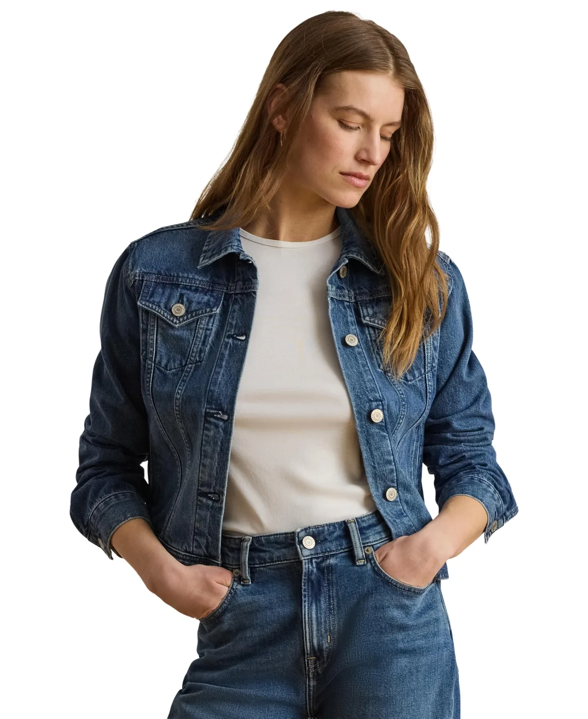 Buttoned Placket Denim Trucker Jacket by Lauren Ralph Lauren