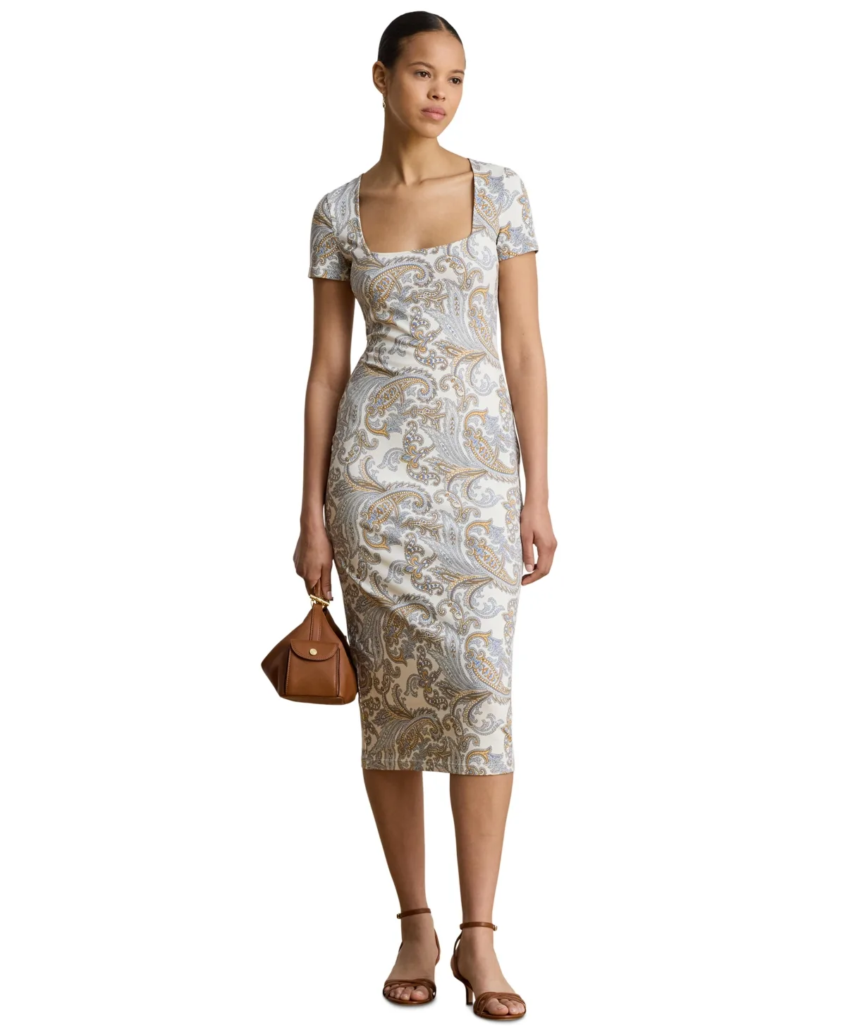 Slim-Fit Square Neck Short-Sleeve Midi Dress