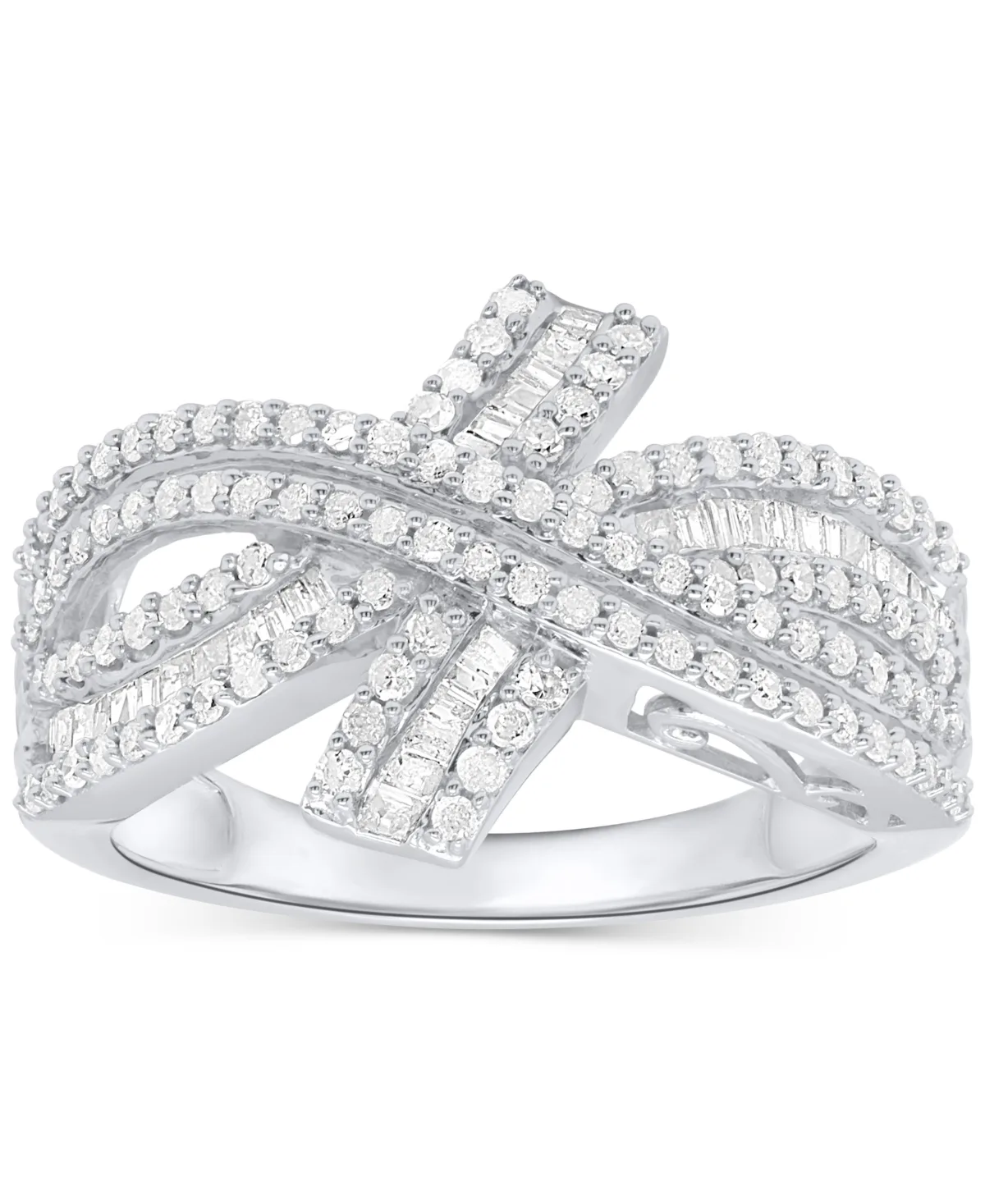 Diamond Round & Baguette Crossover Ring (3/4 ct. t.w.) in Sterling Silver by Macy's