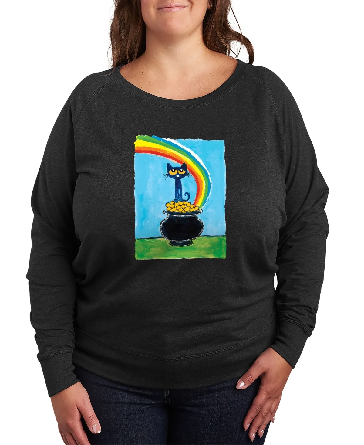 Pete the Cat St. Patrick's Day Rainbow Pot of Gold Graphic Crewneck T-Shirt by Hybrid Apparel