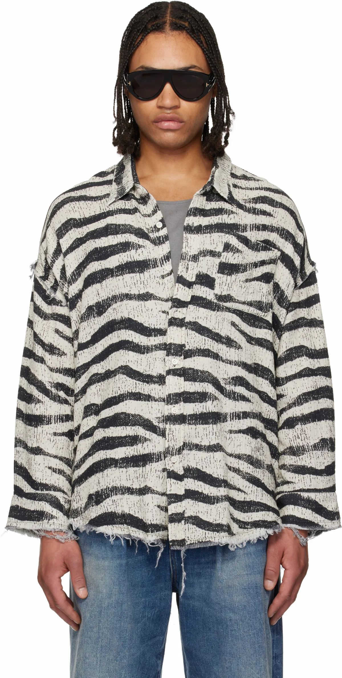 Black & White Shredded Seam Drop Neck Shirt