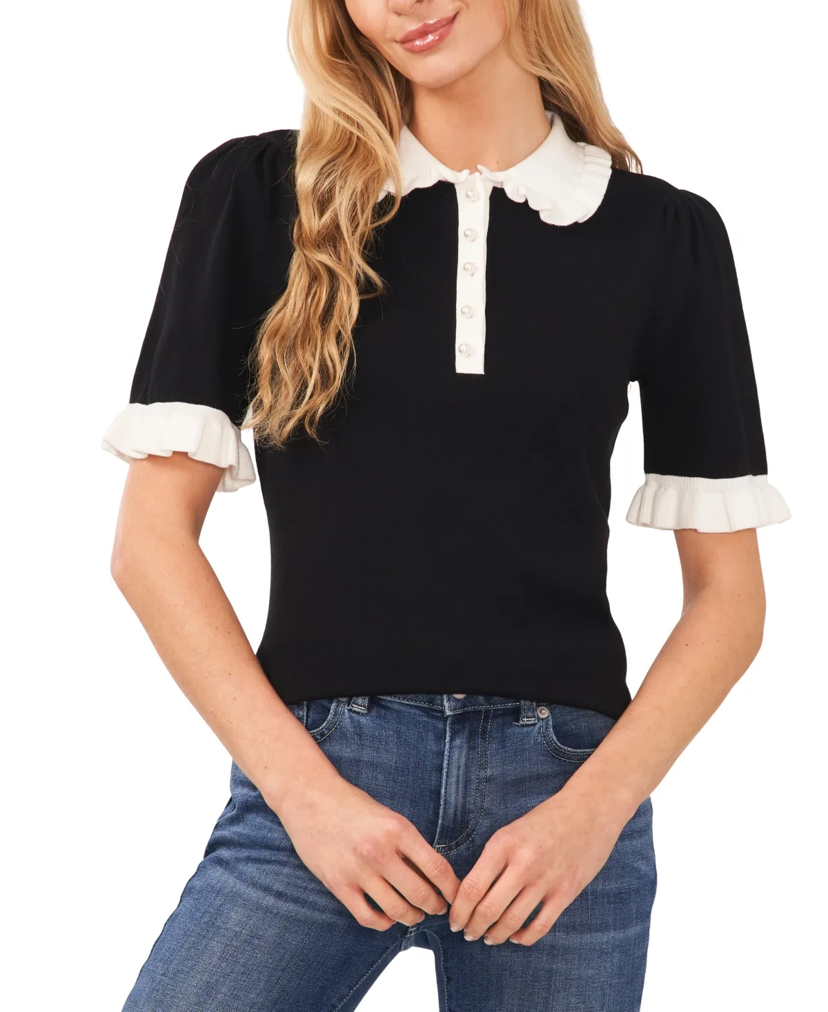 Cotton Ruffle-Collar Short-Sleeve Top by Cece