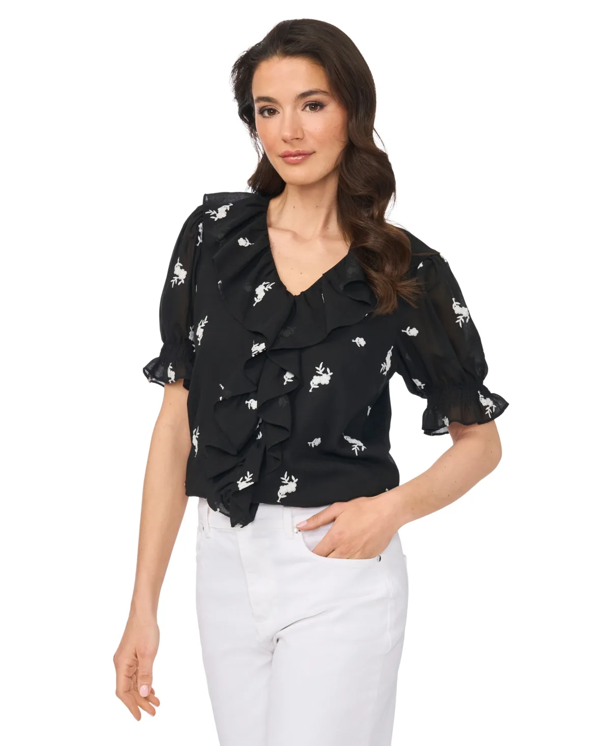 Embroidered Ruffled Short-Sleeve Top by Cece