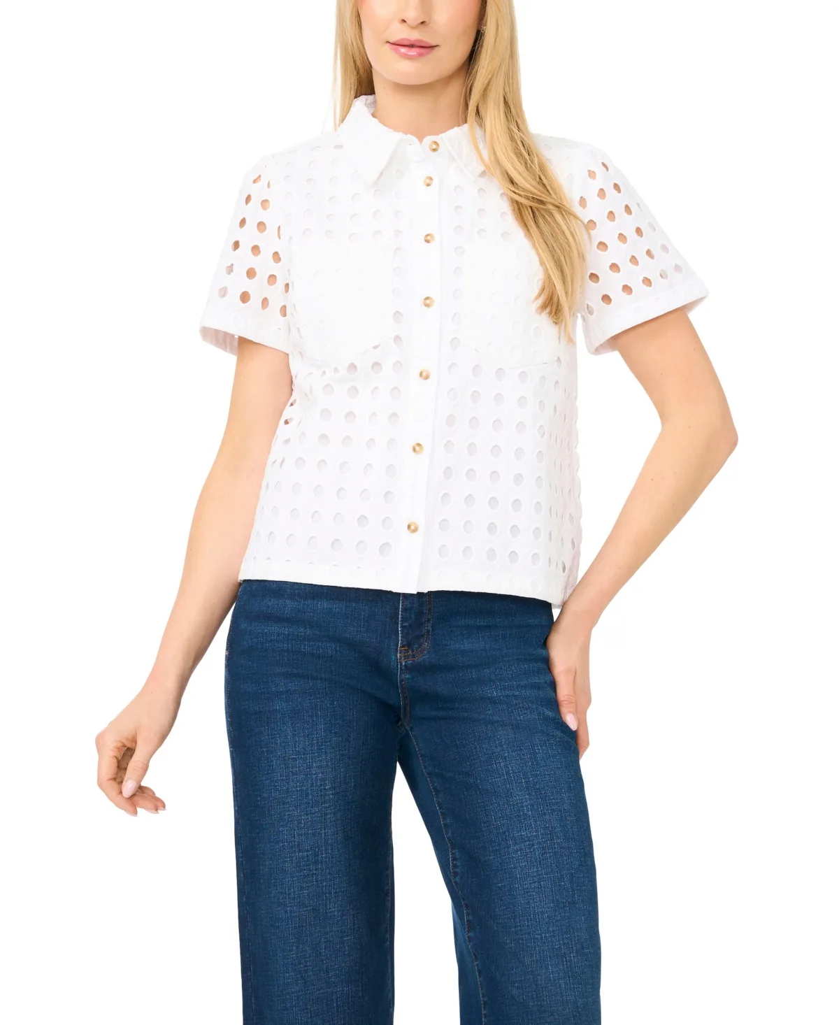 Short-Sleeve Collared Button-Down Shirt by Cece
