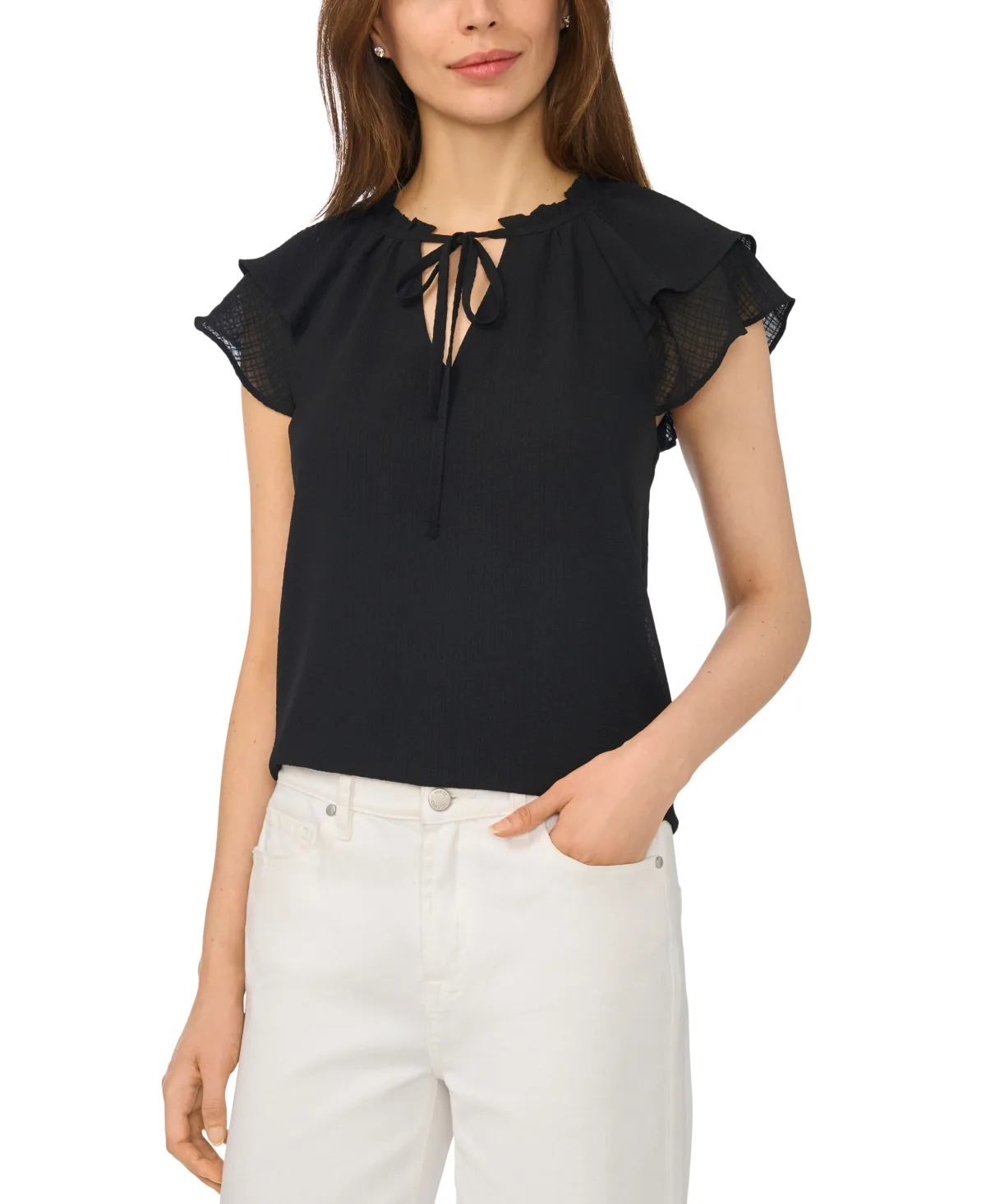 Flutter-Sleeve Tie-Neck Top by Cece