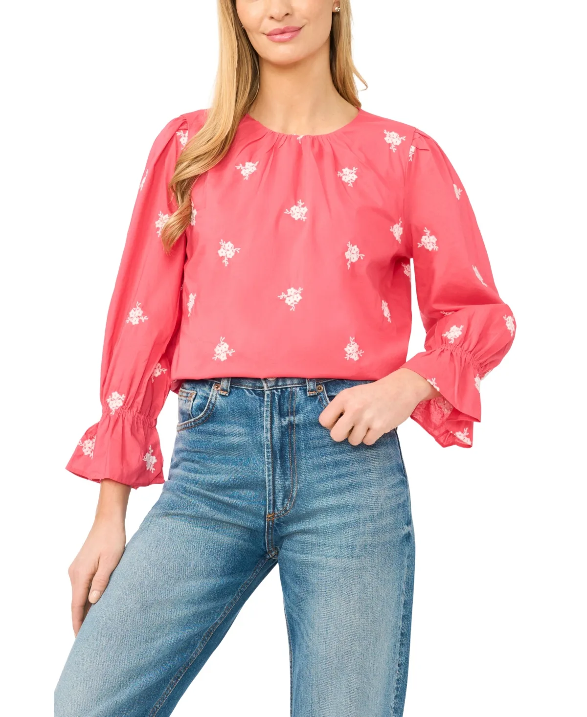 Embroidered Shirred Neck Cotton Blouse by Cece
