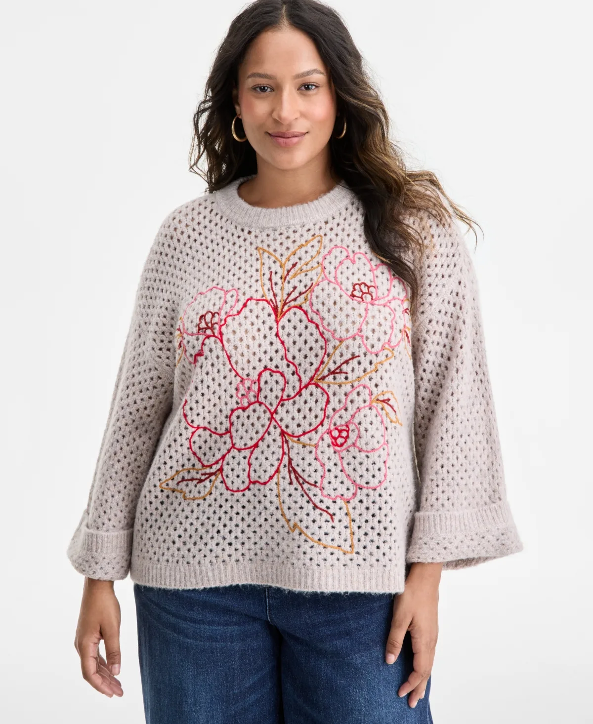 Long Sleeve Floral Embroidered Sweater by Democracy