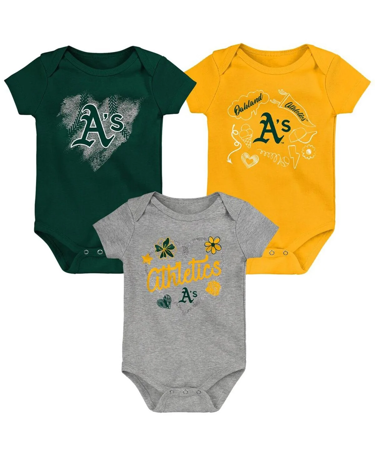 Oakland Athletics 3-Pack Batter Up Bodysuit Set by Outerstuff