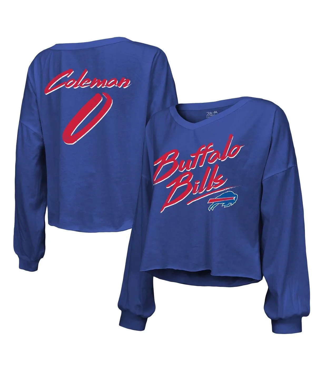 Keon Coleman Buffalo Bills Name Number Off-Shoulder Script Cropped Long Sleeve V-Neck T-Shirt by Majestic