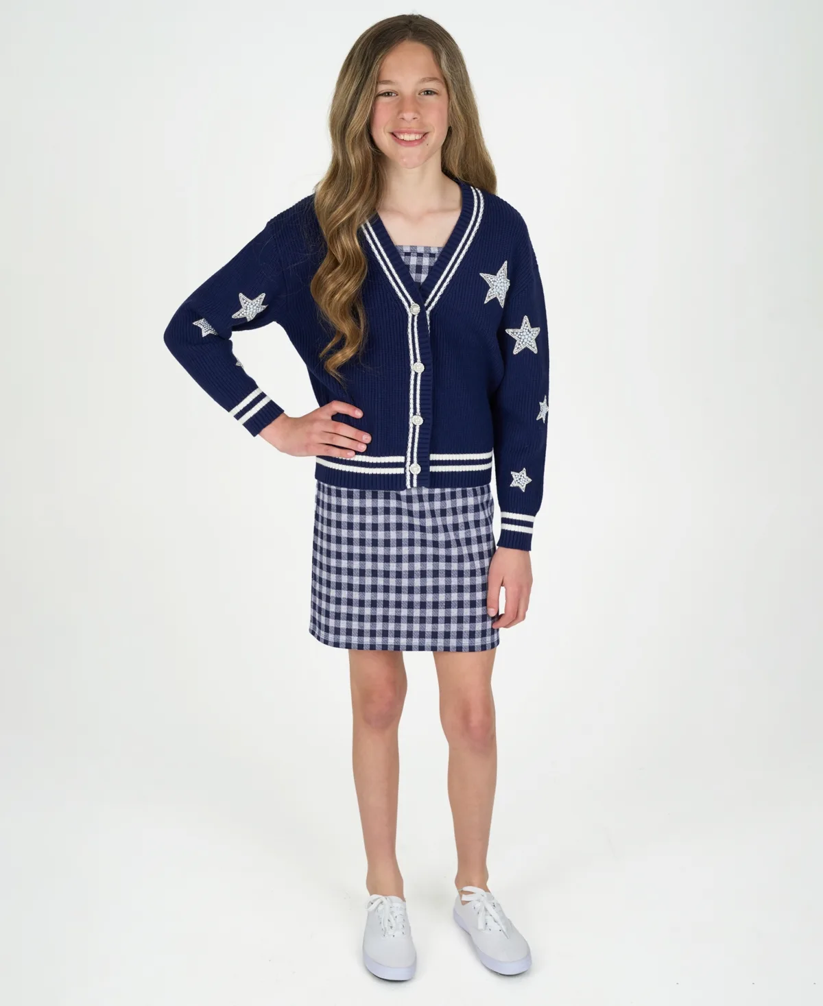 Varsity Cardigan with Gingham Dress, 2-Piece Set by Rare Editions