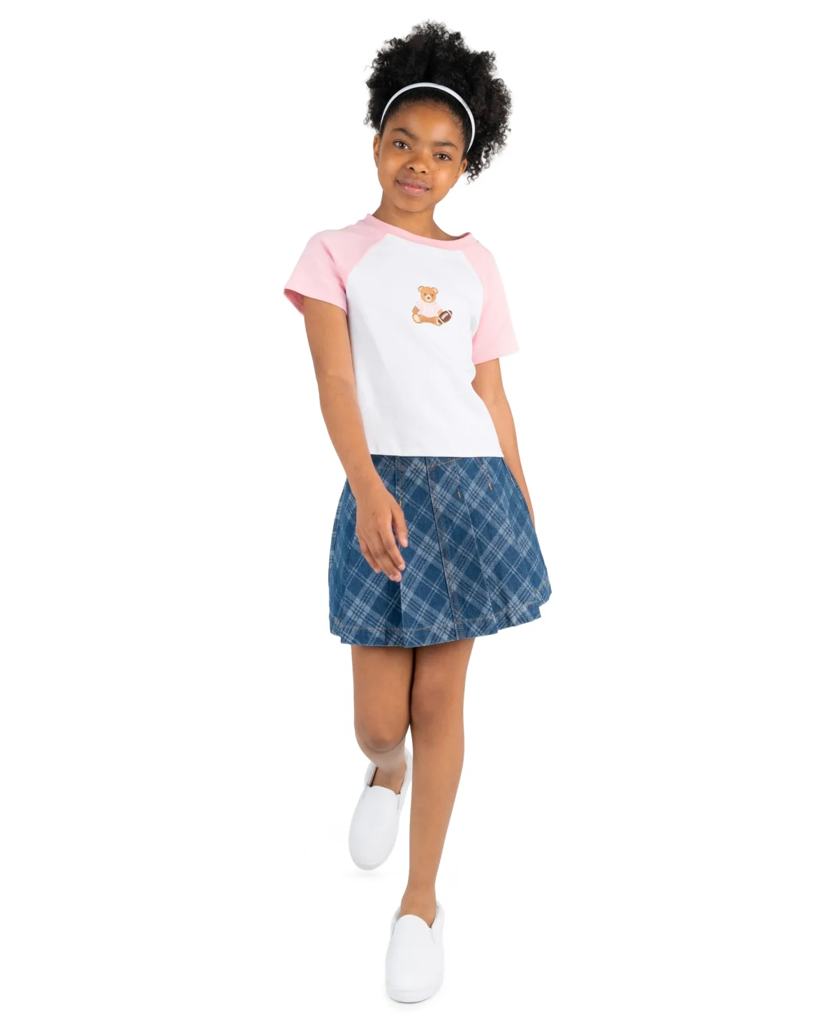 Bear Graphic Raglan Sleeve T-Shirt, Plaid Skort and Bracelet, 3-Piece Set by Tween Diva
