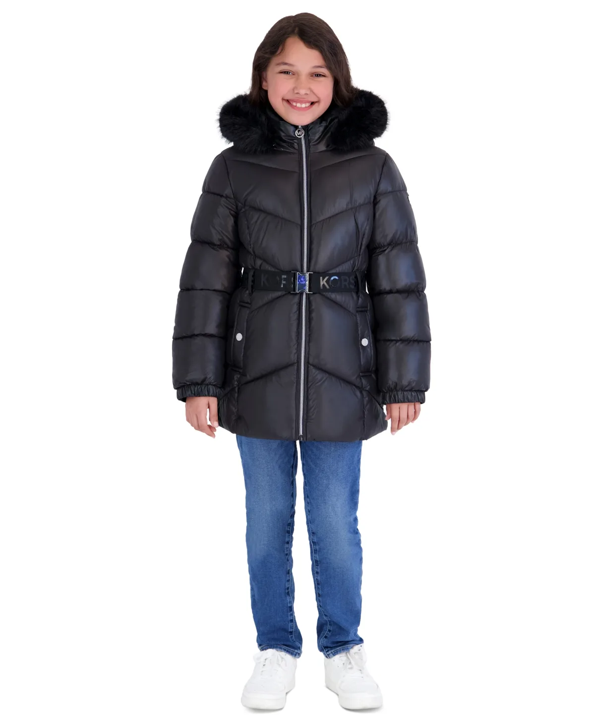 Mk Logo Belted Stadium Length Long-Sleeve Jacket by Michael Kors