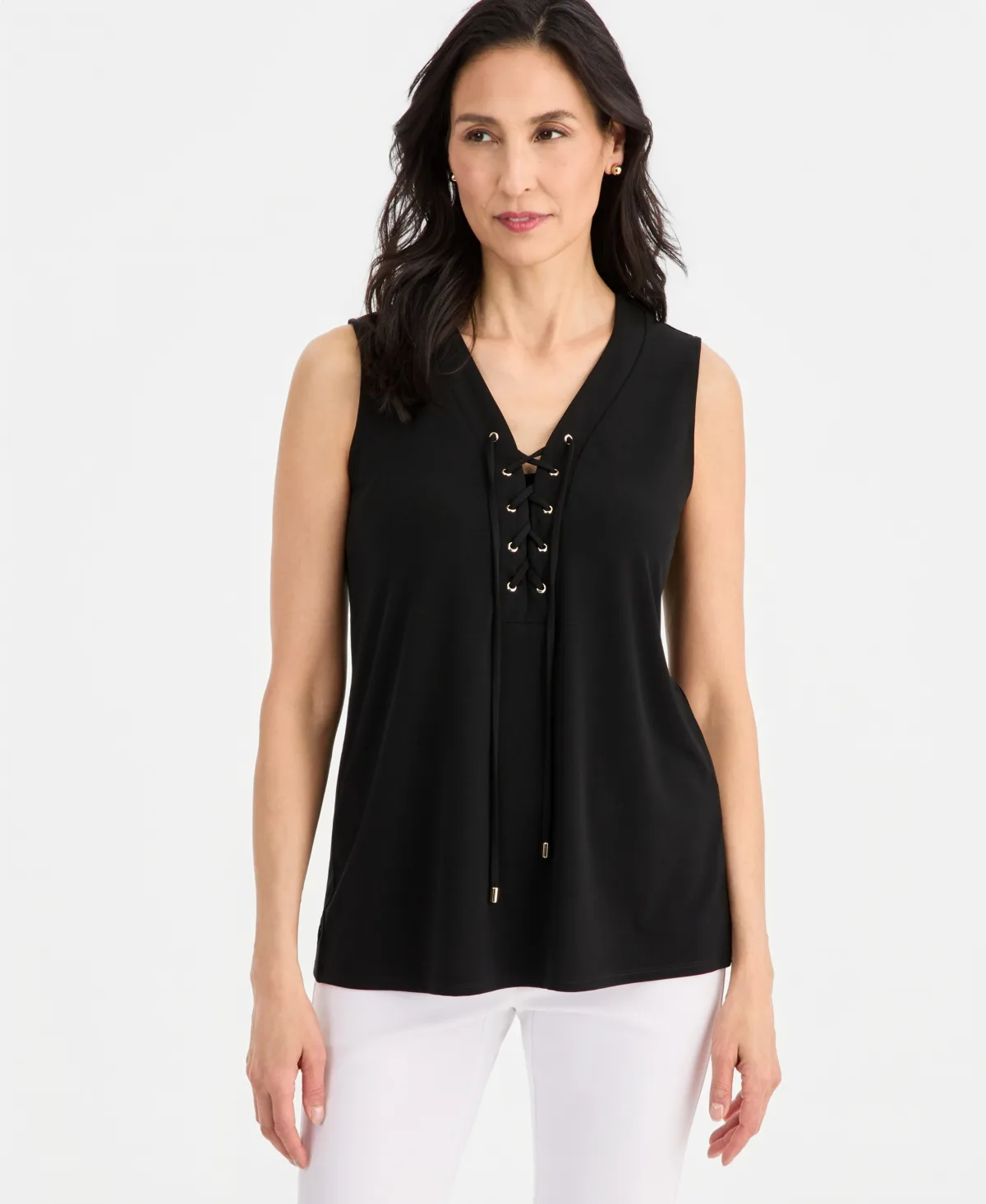 Solid Lace-Up Sleeveless Top by Jm Collection
