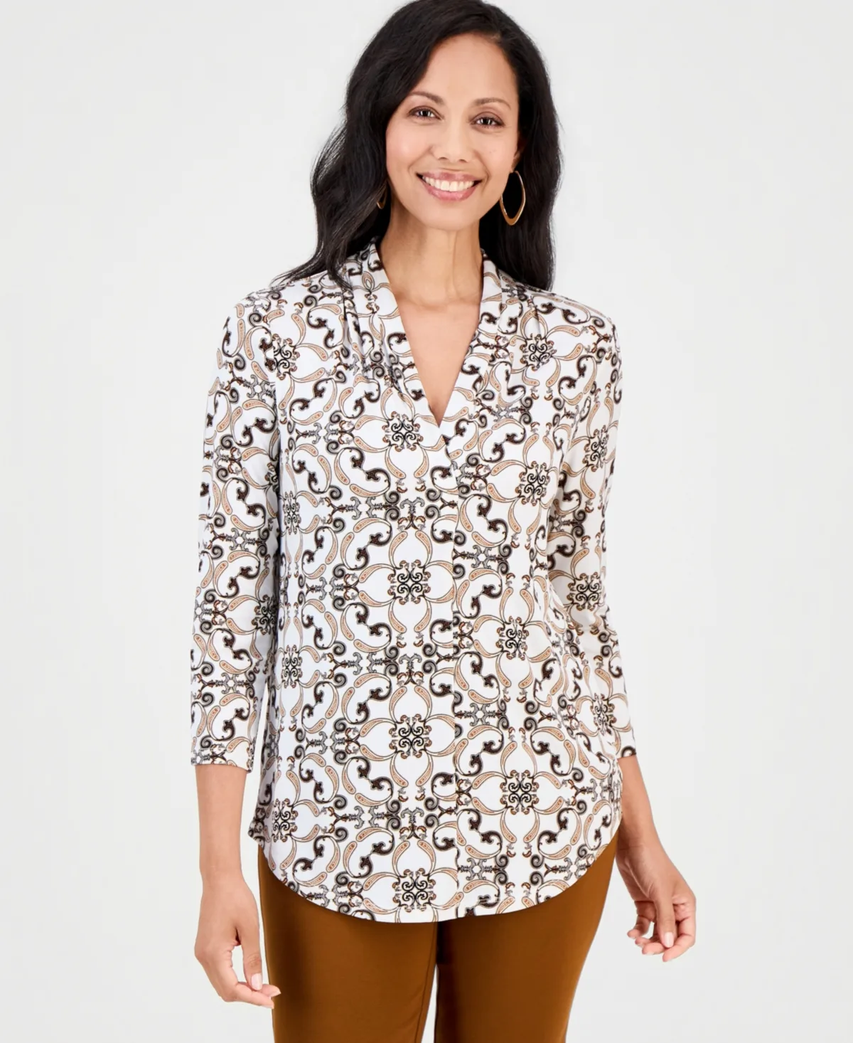 Printed 3/4 Sleeve V-Neck Knit Top by Jm Collection