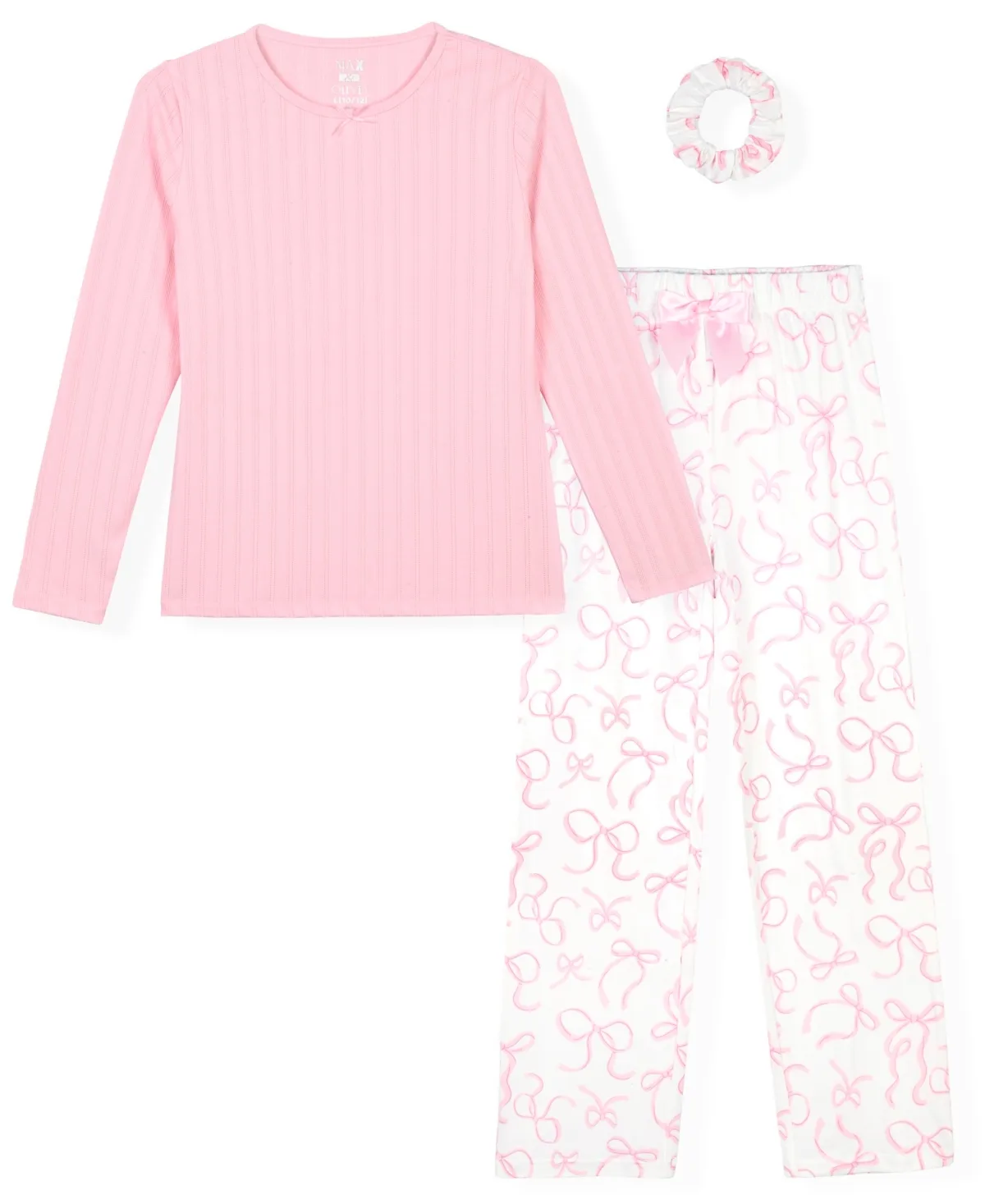 Rib Top, Milky Print Pants and Matching Scrunchie, 3-Piece Pajama Set by Max & Olivia
