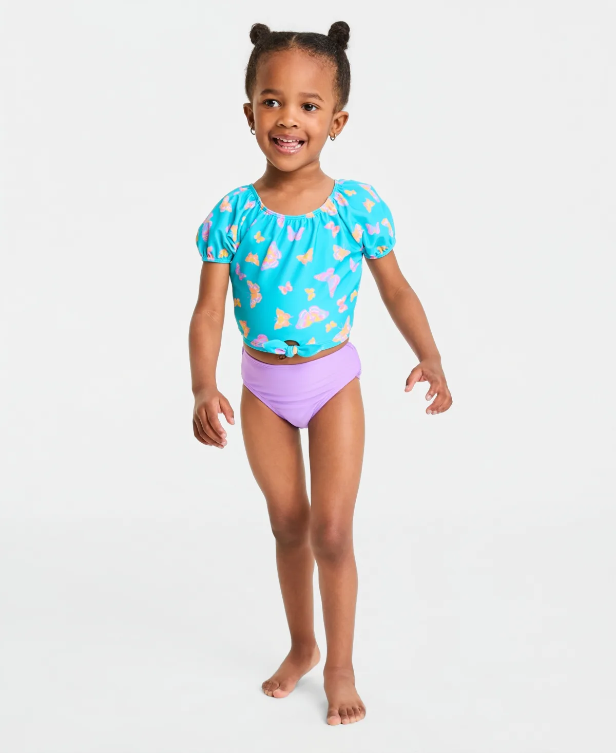 Puff-Sleeve Rashguard and Hipster Swim Bottom, 2-Piece Set by Angel Beach