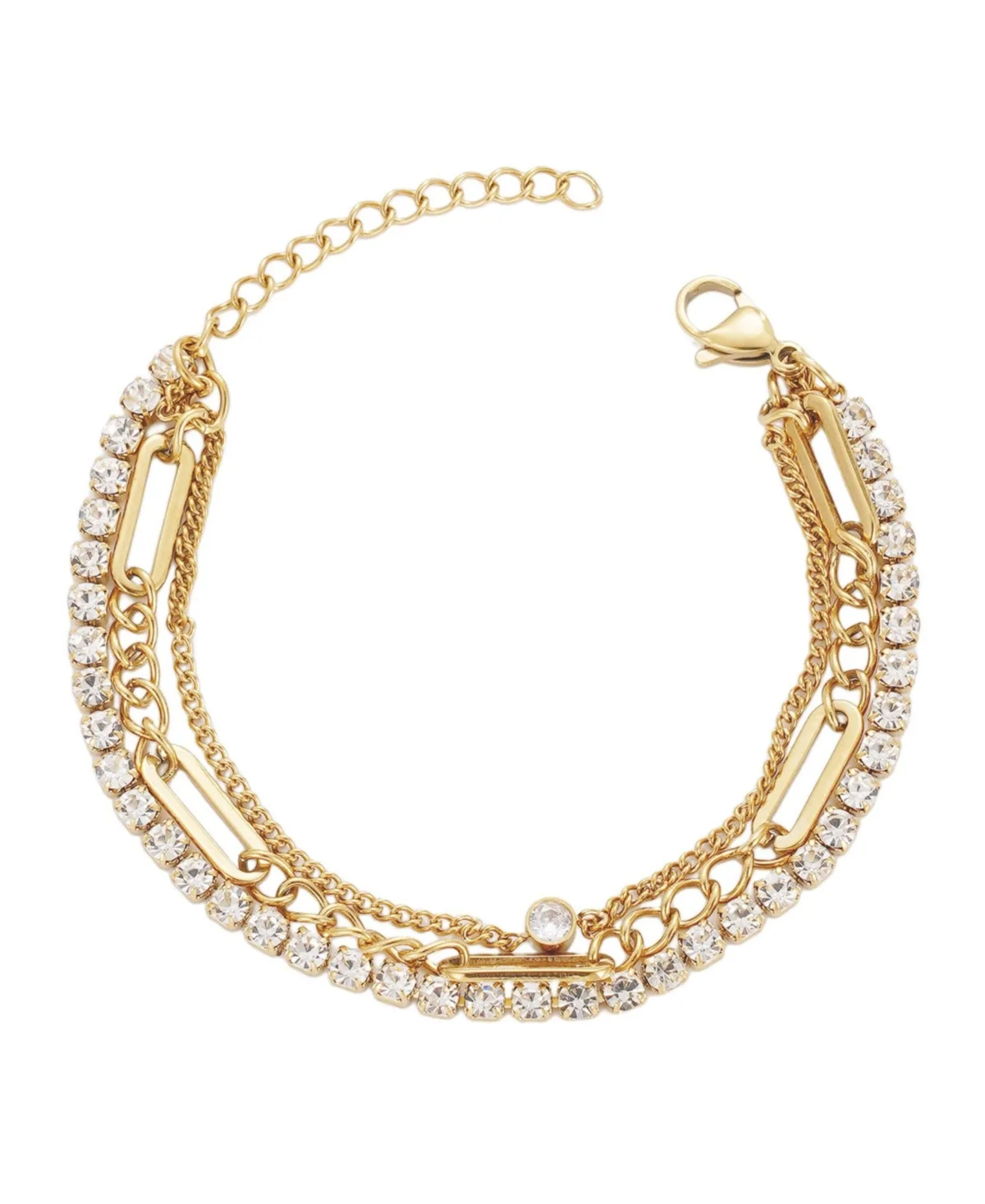 Tarnish Resistant Gold Crystal Layered Tennis 3-Chain Bracelet