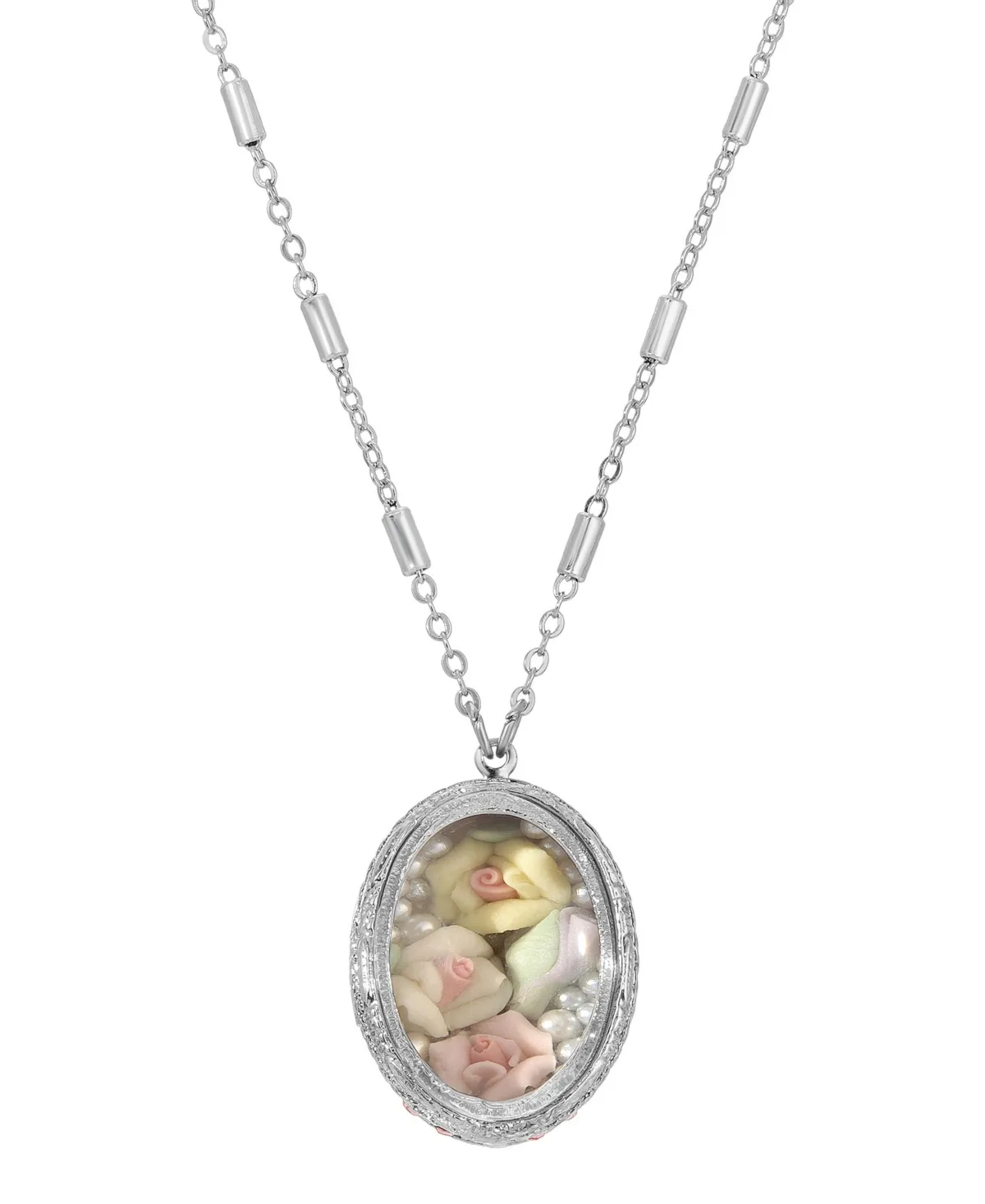 Flower Silver-Tone Oval Multicolor Rose Necklace by 2028