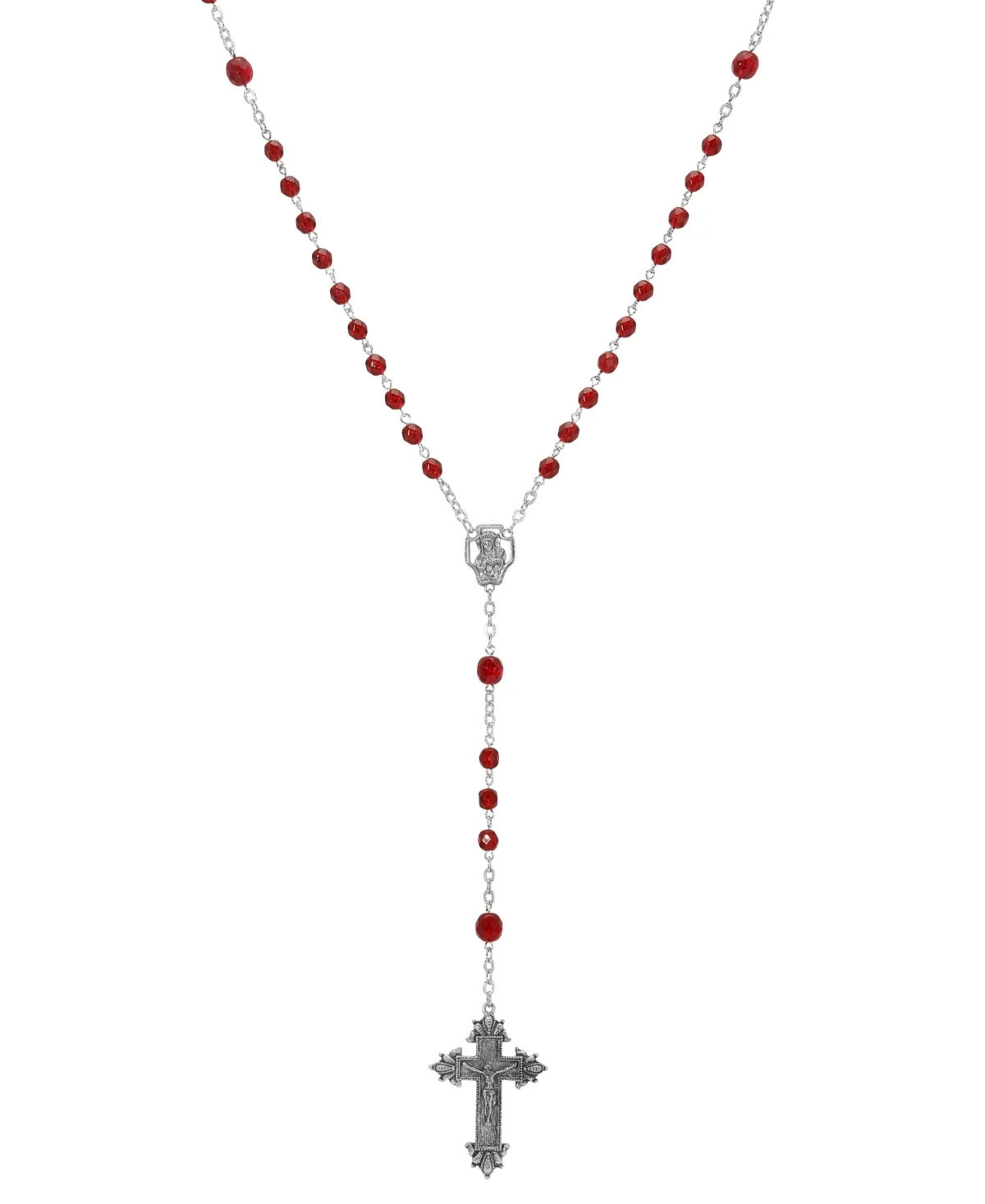 Silver-Tone Dark Red Beaded Crucifix Rosary Necklace by Symbols Of Faith