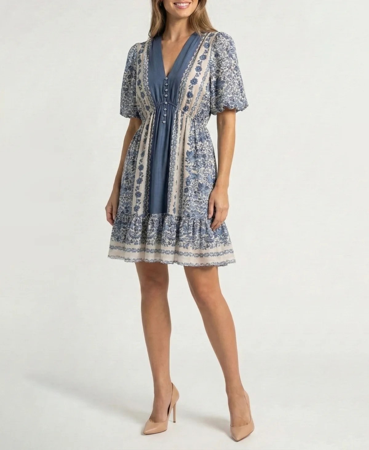 Printed V-Neck Puff-Sleeve Ruffled-Hem Dress by Taylor