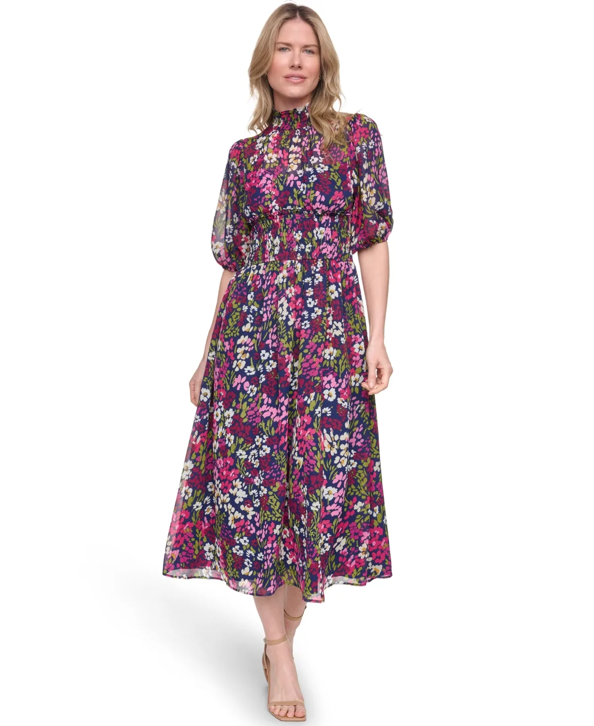 Mock Neck Elbow-Sleeve Smocked Waist Midi Dress by Jessica Howard
