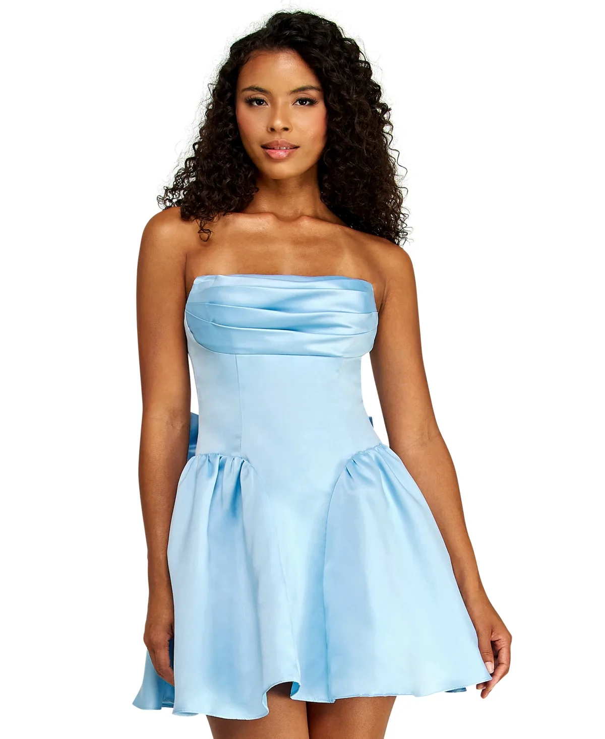 Back Bow Detail Strapless Satin Dress by Alex & Sophia