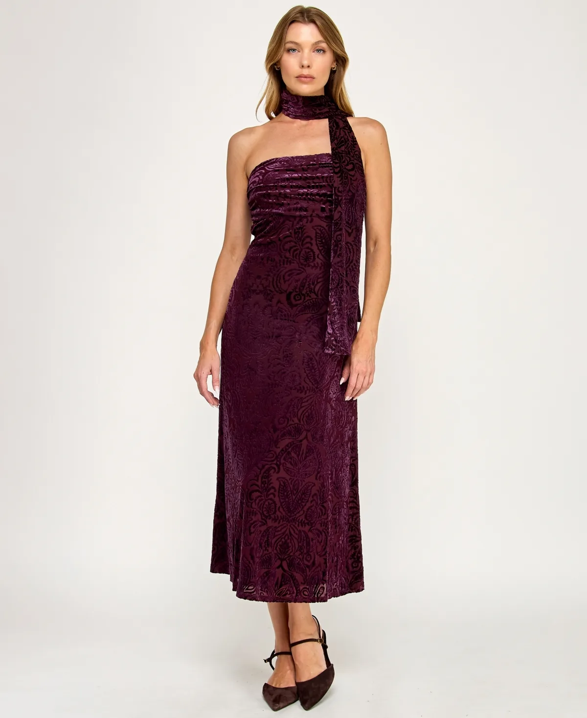 Trixxi Burnout Velvet Sleeveless Scarf Midi Dress by Row A