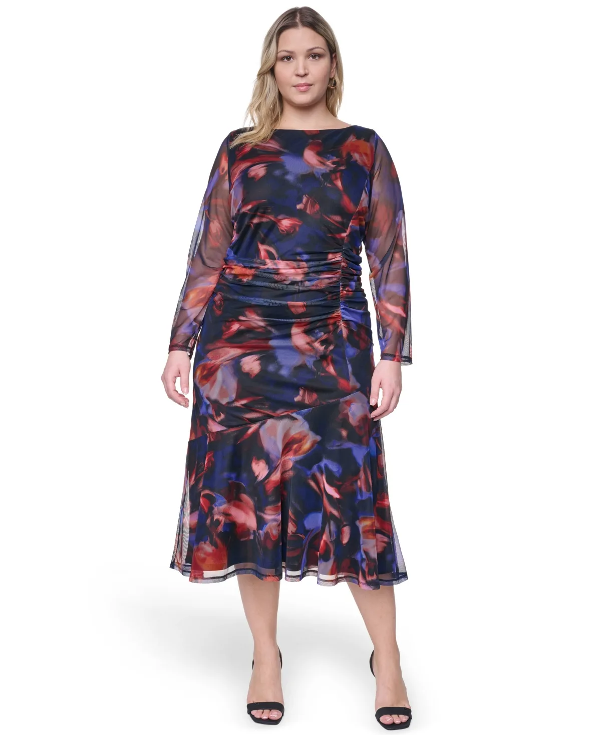 Printed Side Ruched Mesh Midi Dress by Vince Camuto