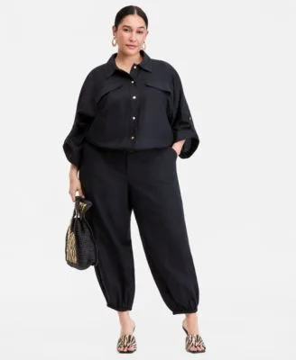 Roll Tab Sleeve Snap Front Shirt Jacket High Rise Balloon Leg Pants by I.n.c. International Concepts