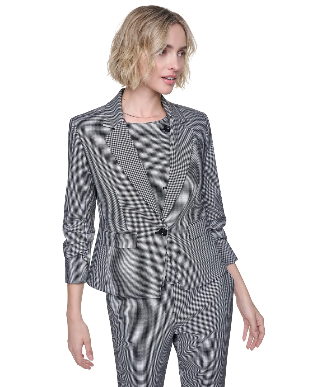 Houndstooth One-Button Notch Collar Blazer by Dkny