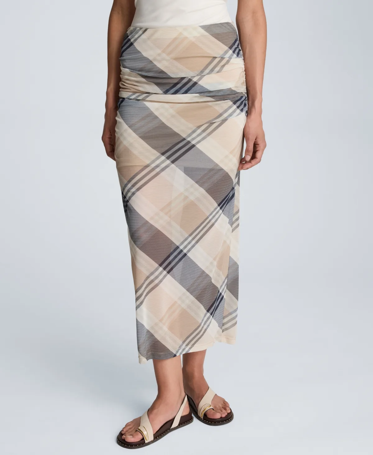 Side Ruched Mesh Midi Skirt by Kenneth Cole