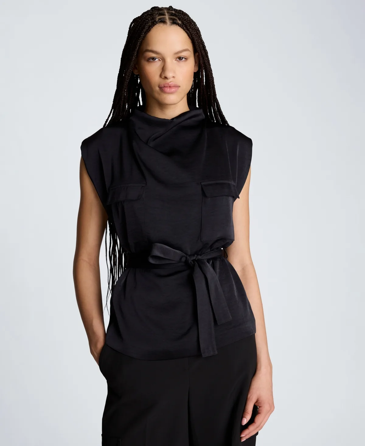 High Cowl Neck Belted Blouse by Kenneth Cole