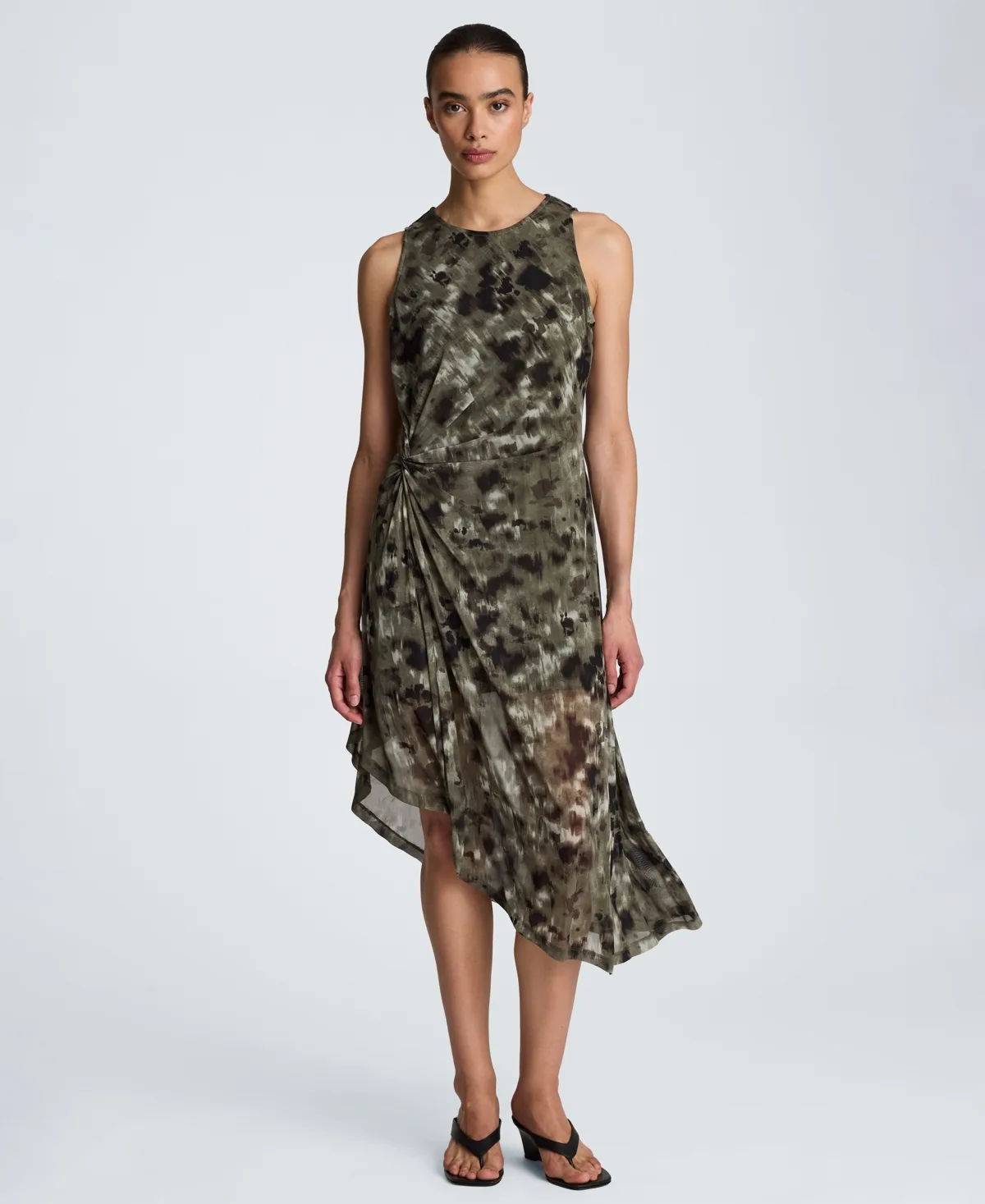 Sheer Mesh Overlay Asymmetric Hem Midi Dress by Kenneth Cole