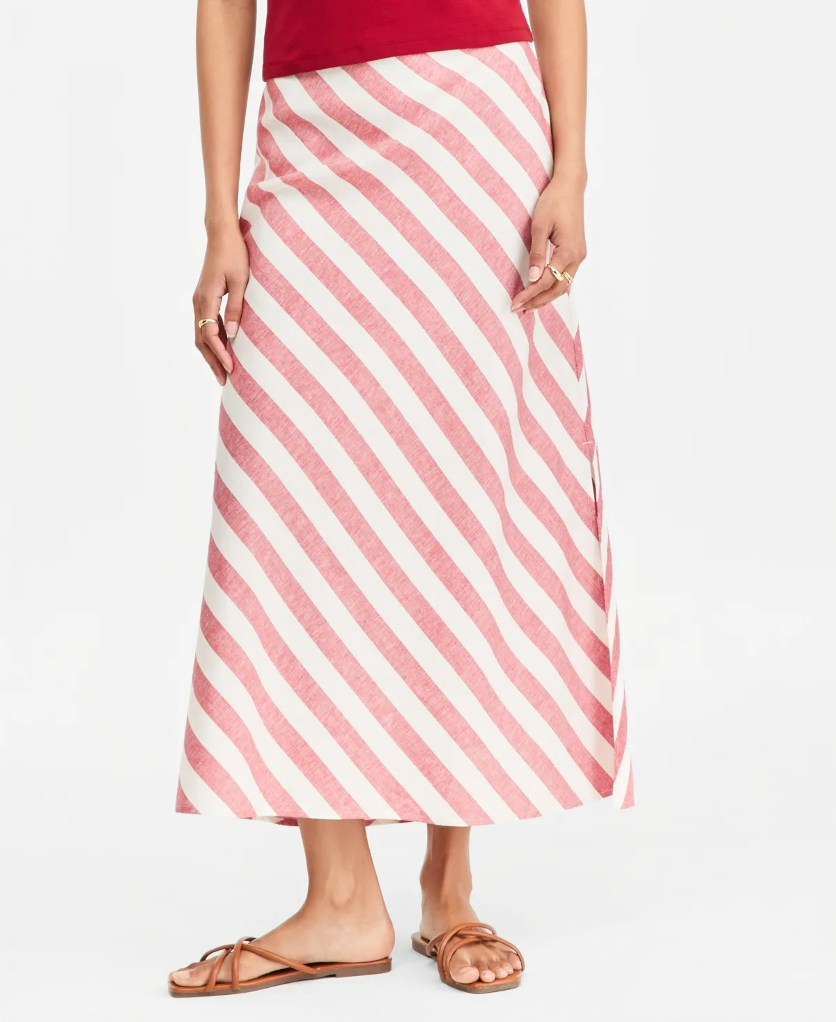 Stripe Linen Blend Side Slit Skirt by On 34th