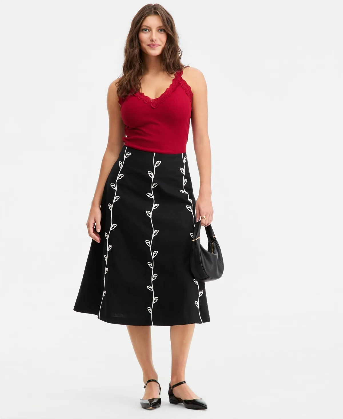 Linen-Blend Soutache Embroidered Midi Skirt by On 34th
