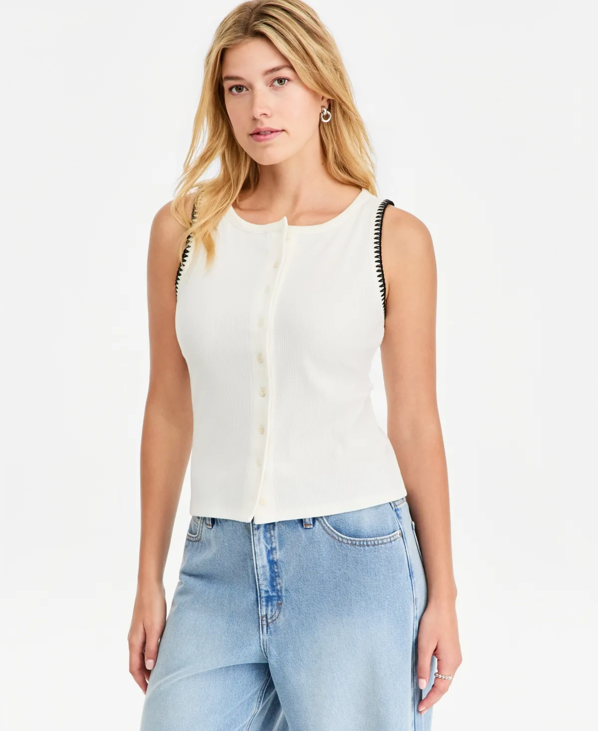 Sleeveless Rib-Knit Whipstitch Button Front Top by On 34th