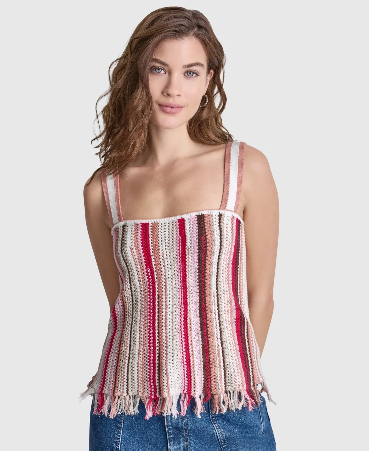 Striped Pointelle Stitch Bandeau Knit Cotton Tank Top