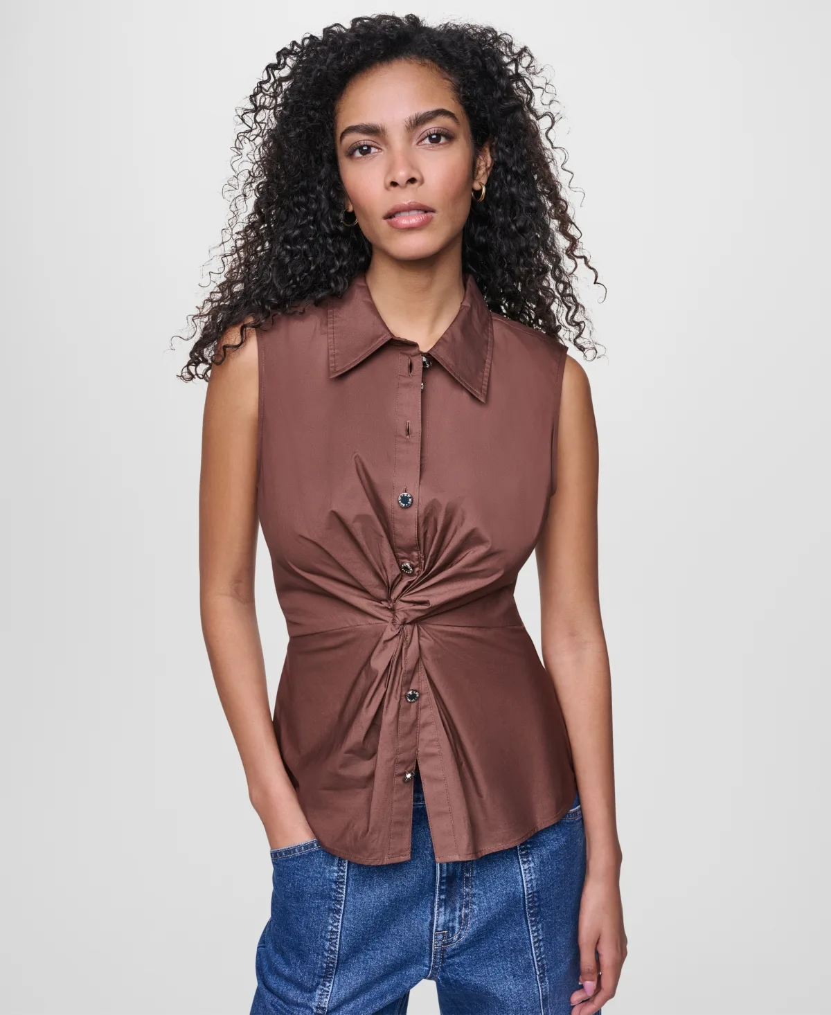 Sleeveless Collared Twist Front Button-Up Shirt by Dkny Jeans
