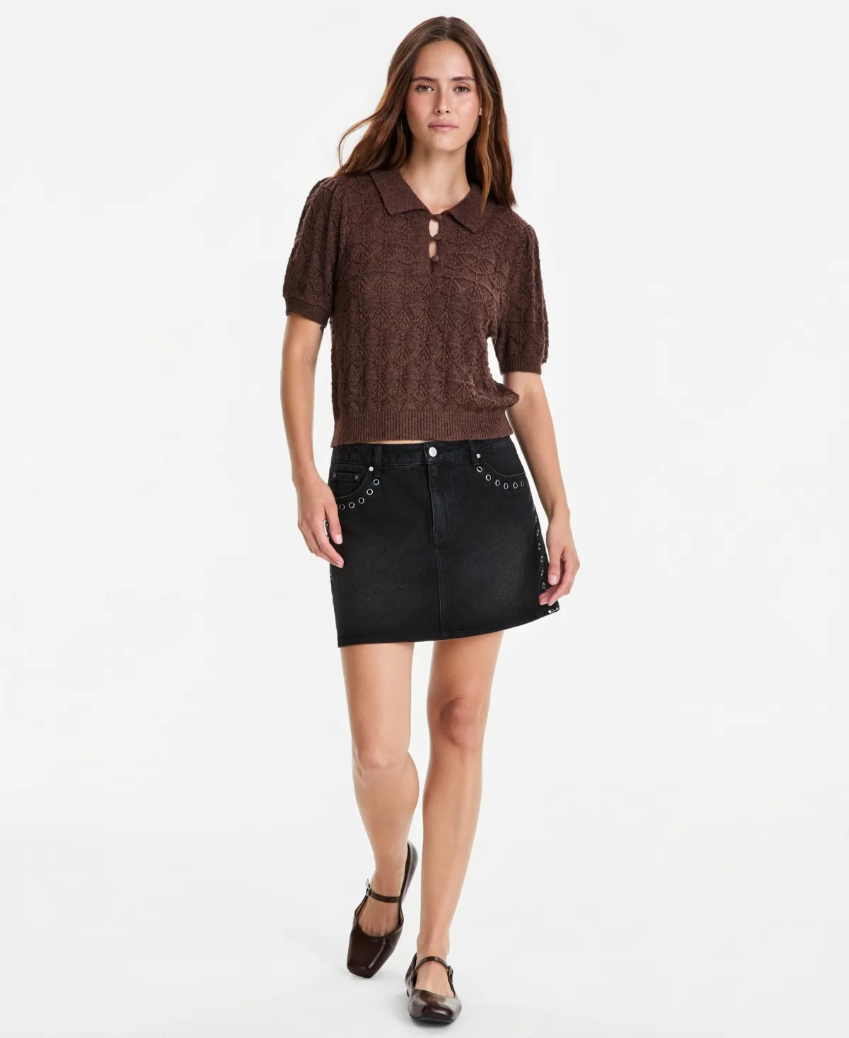 Mid-Rise Grommet-Trim Denim Mini Skirt by And Now This
