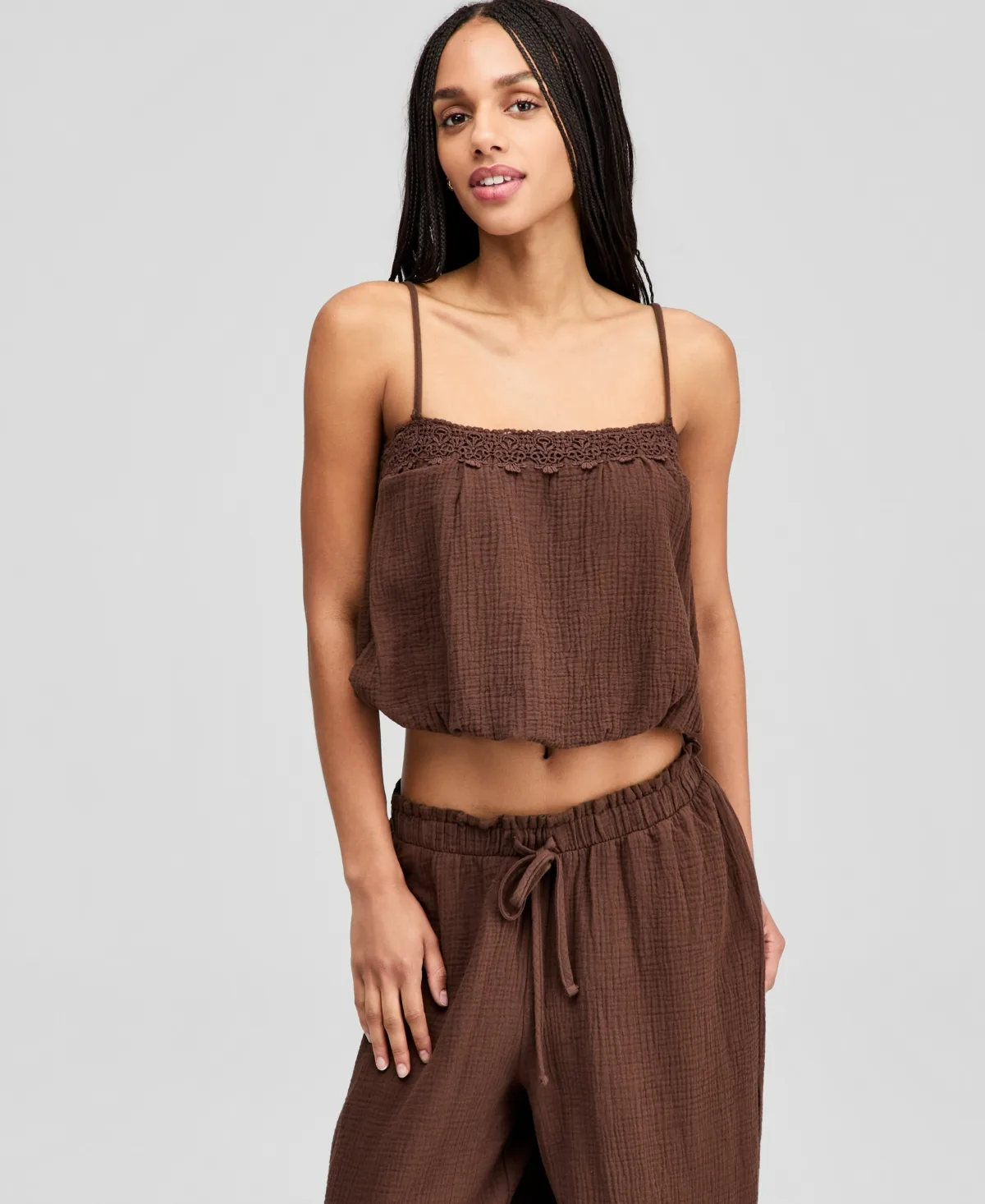 Cotton Crochet-Trim Bubble-Hem Top