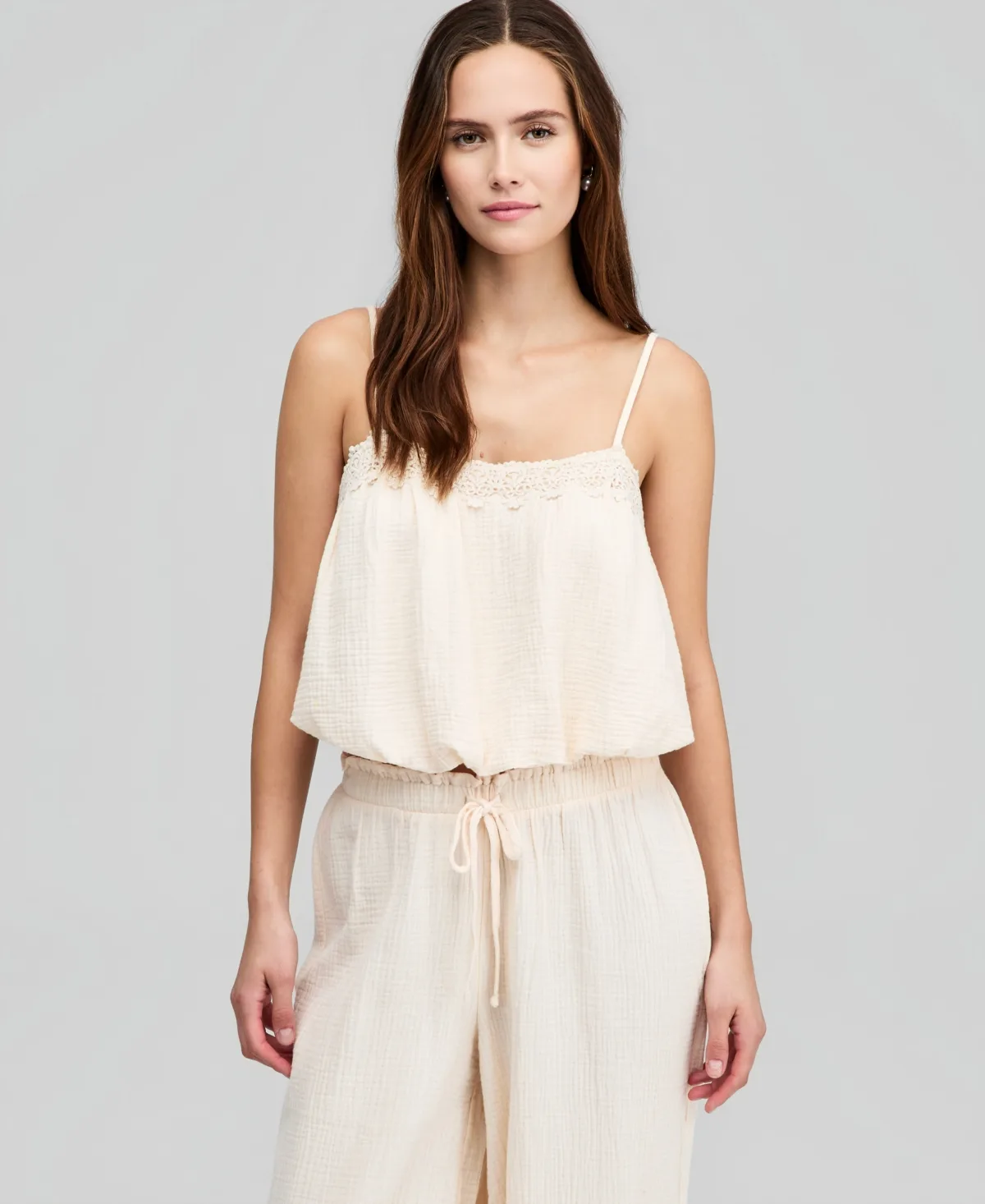 Cotton Crochet-Trim Bubble-Hem Top
