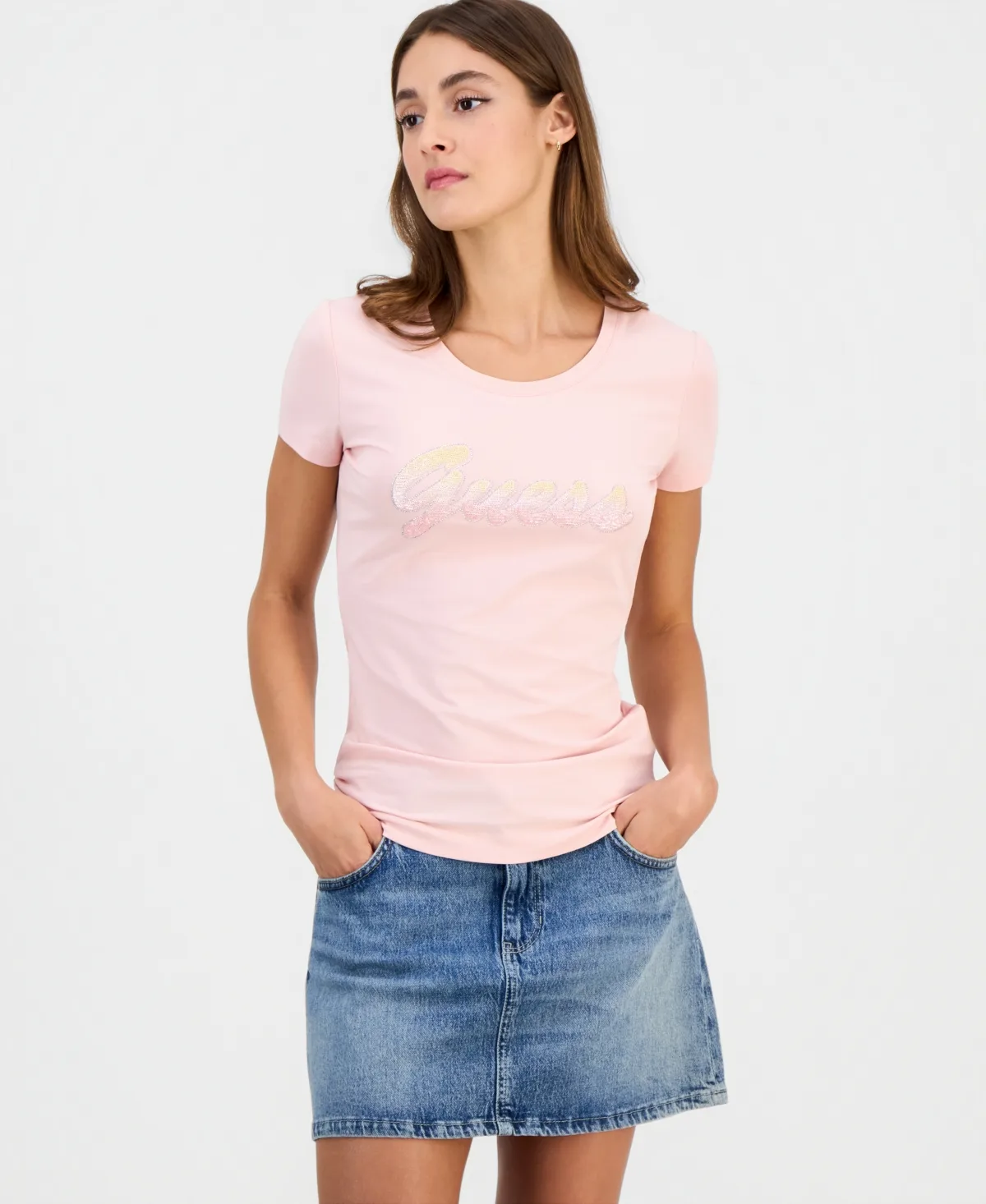 Short-Sleeve Crewneck Degrade Paillette Logo T-Shirt by Guess