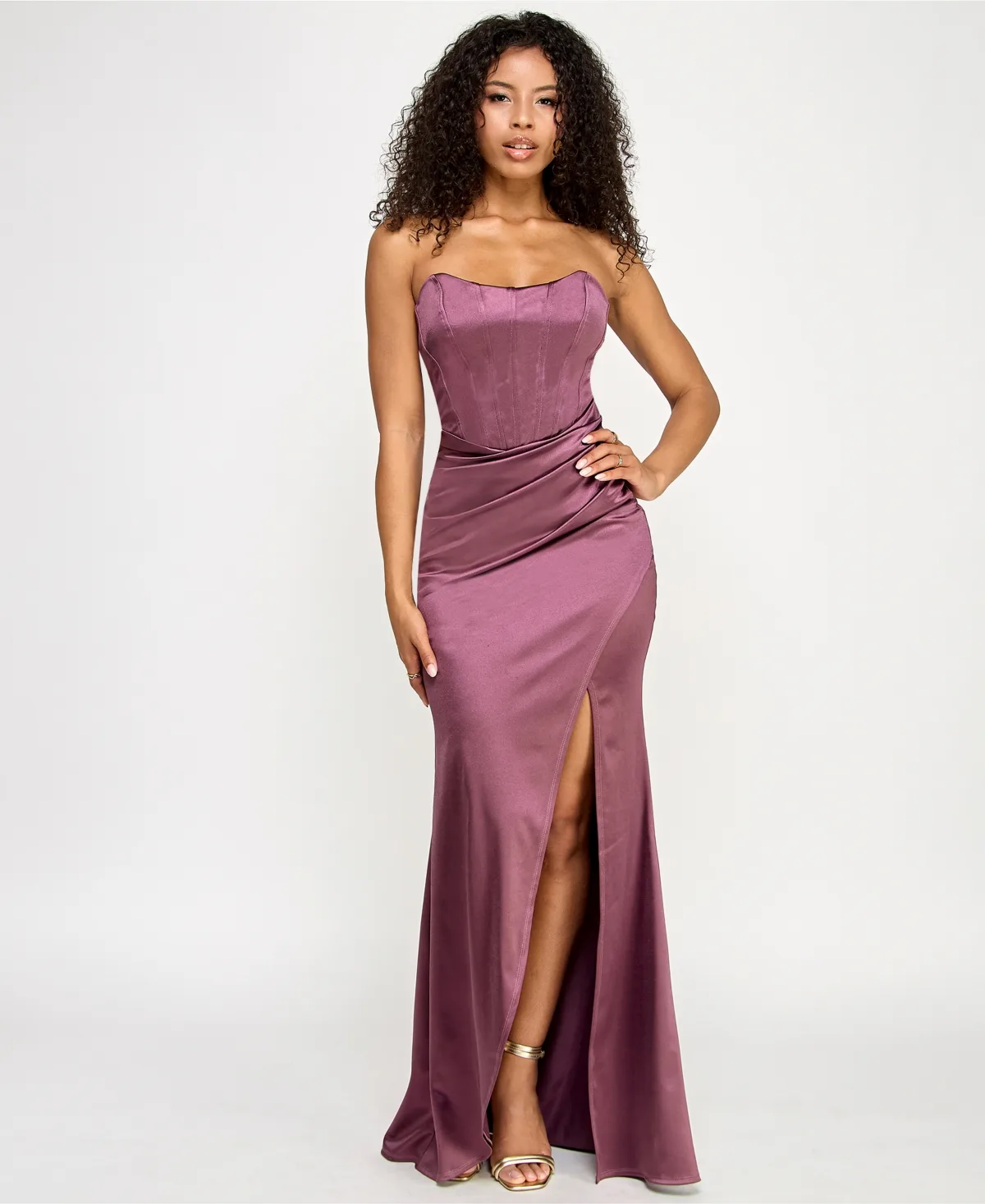 Sateen Corset-Bodice Slit Gown by Emerald Sundae