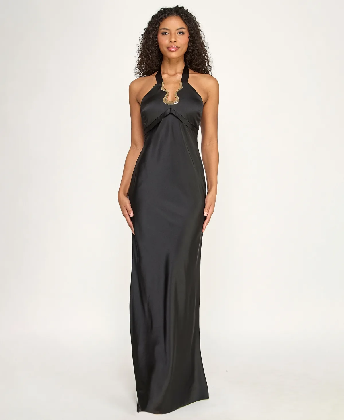 Halter Neck Hardware Trim Satin Long Gown by Seni & Cade
