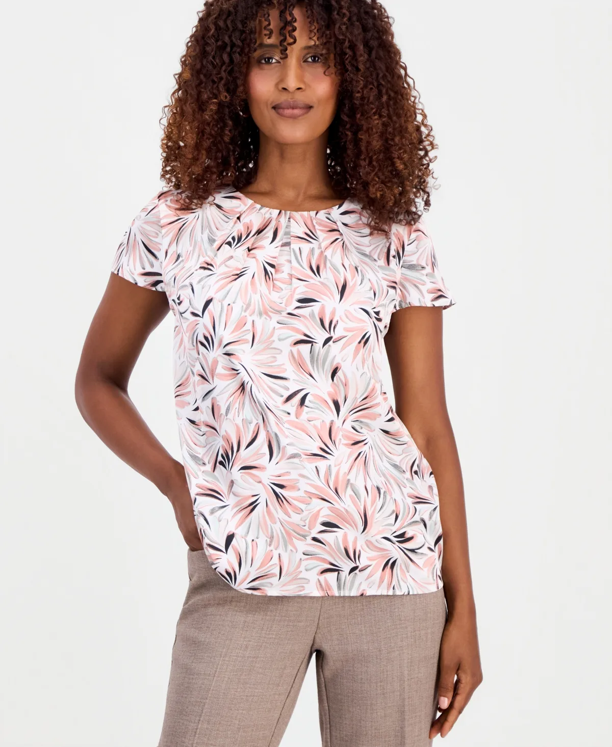 Printed Pleated-Neck Cap-Sleeve Top by Kasper