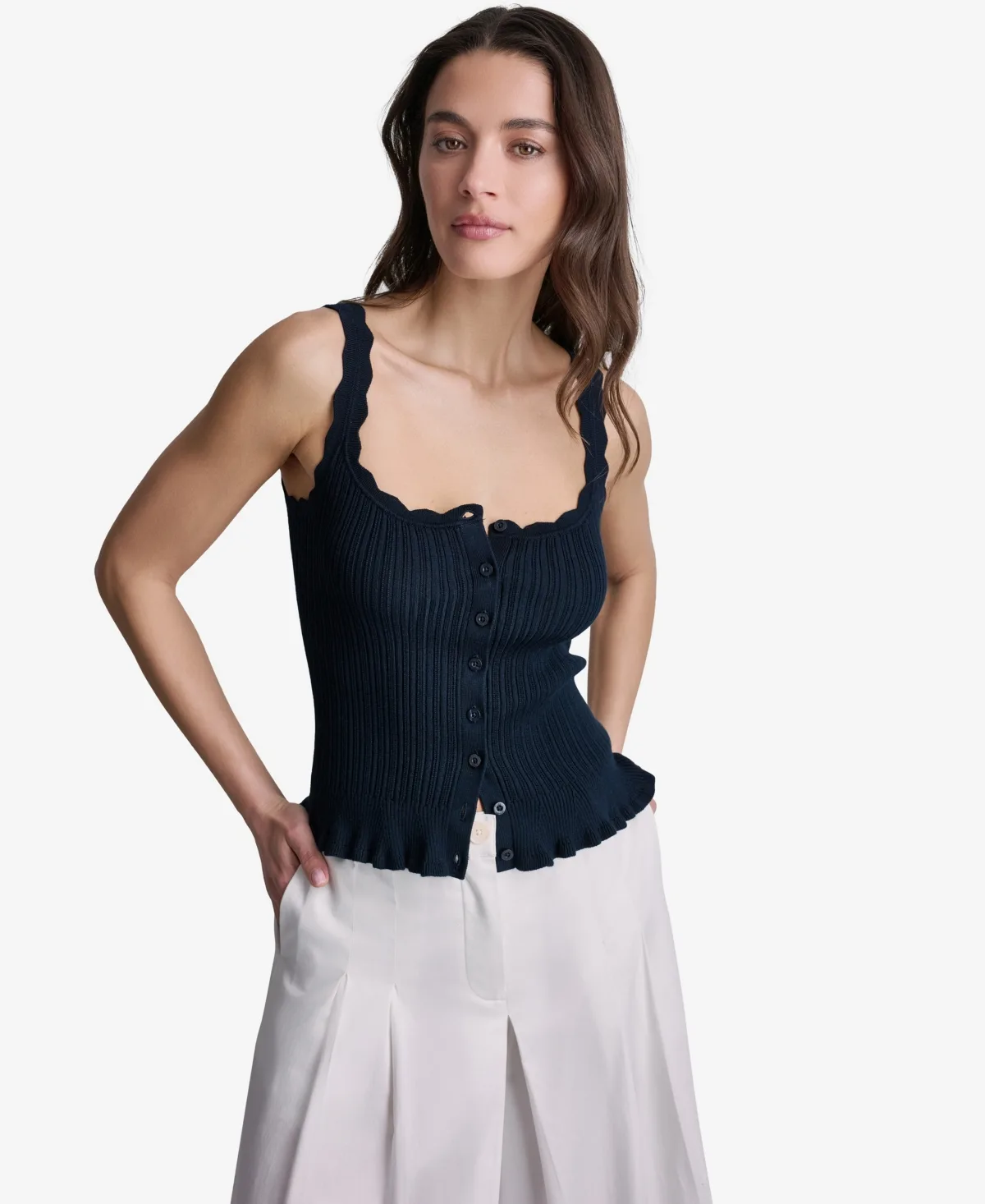 Ribbed Button-Front Scoop Neck Tank Top by Bcbg