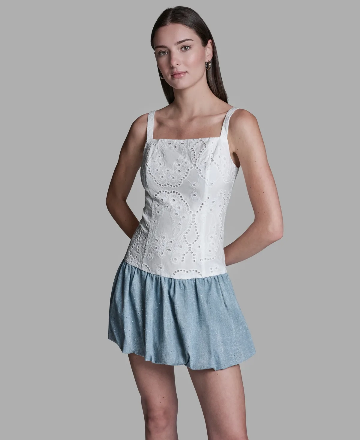 Eyelet Detail Sleeveless Square Neck Bubble Hem Mini Dress by Bcbg