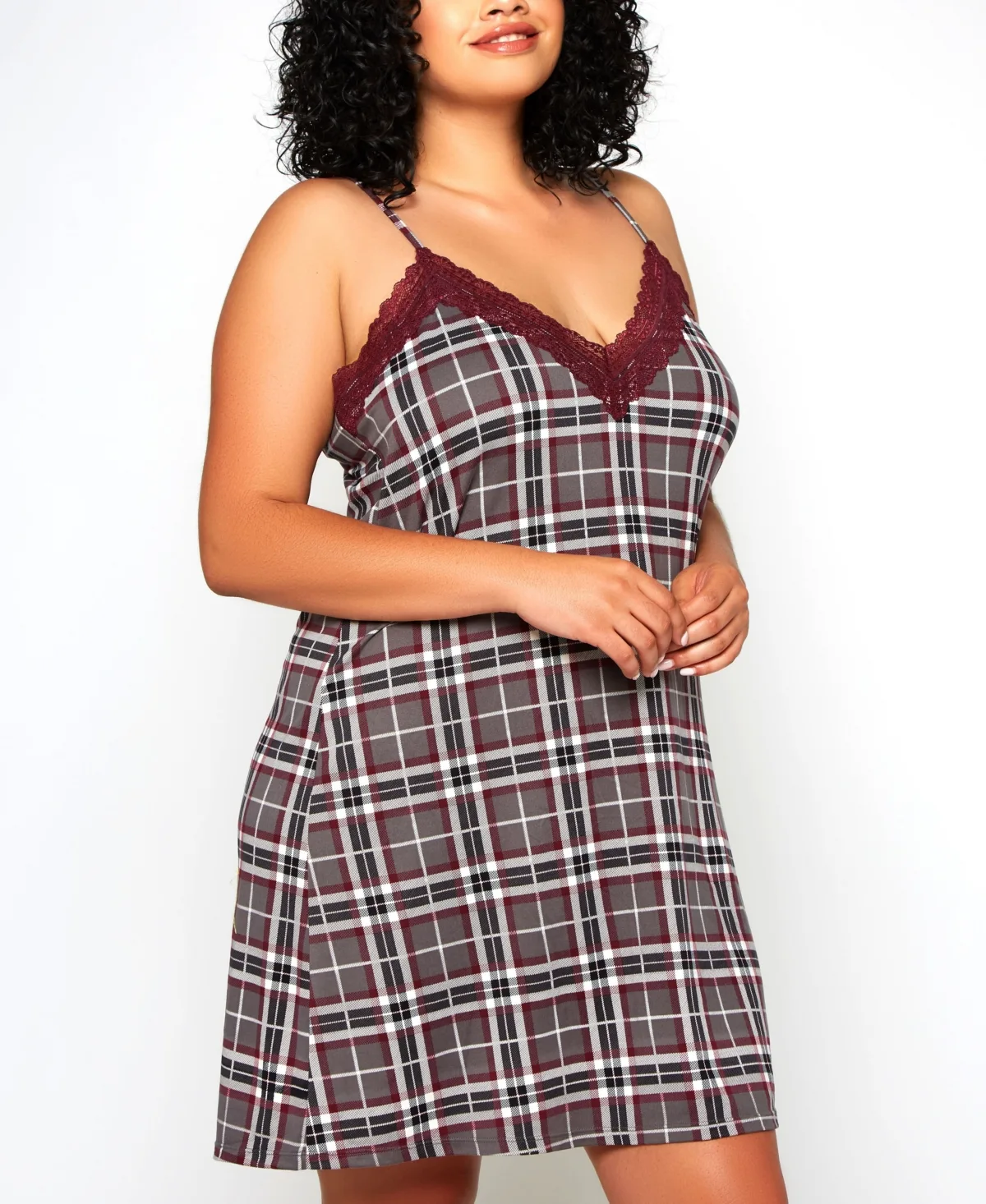 Modal Cozy Plaid Trimmed in Elegant Lace 1 Pc Nightgown by Icollection