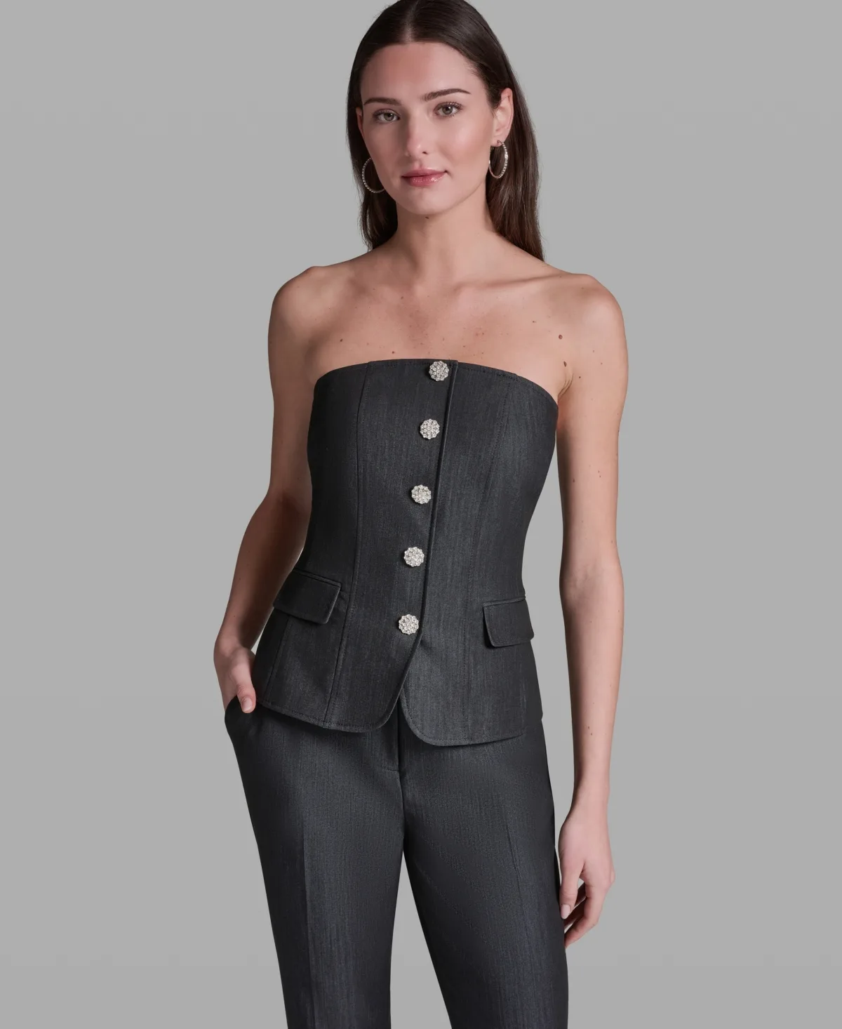 Faux Denim Strapless Button-Front Top by Bcbg