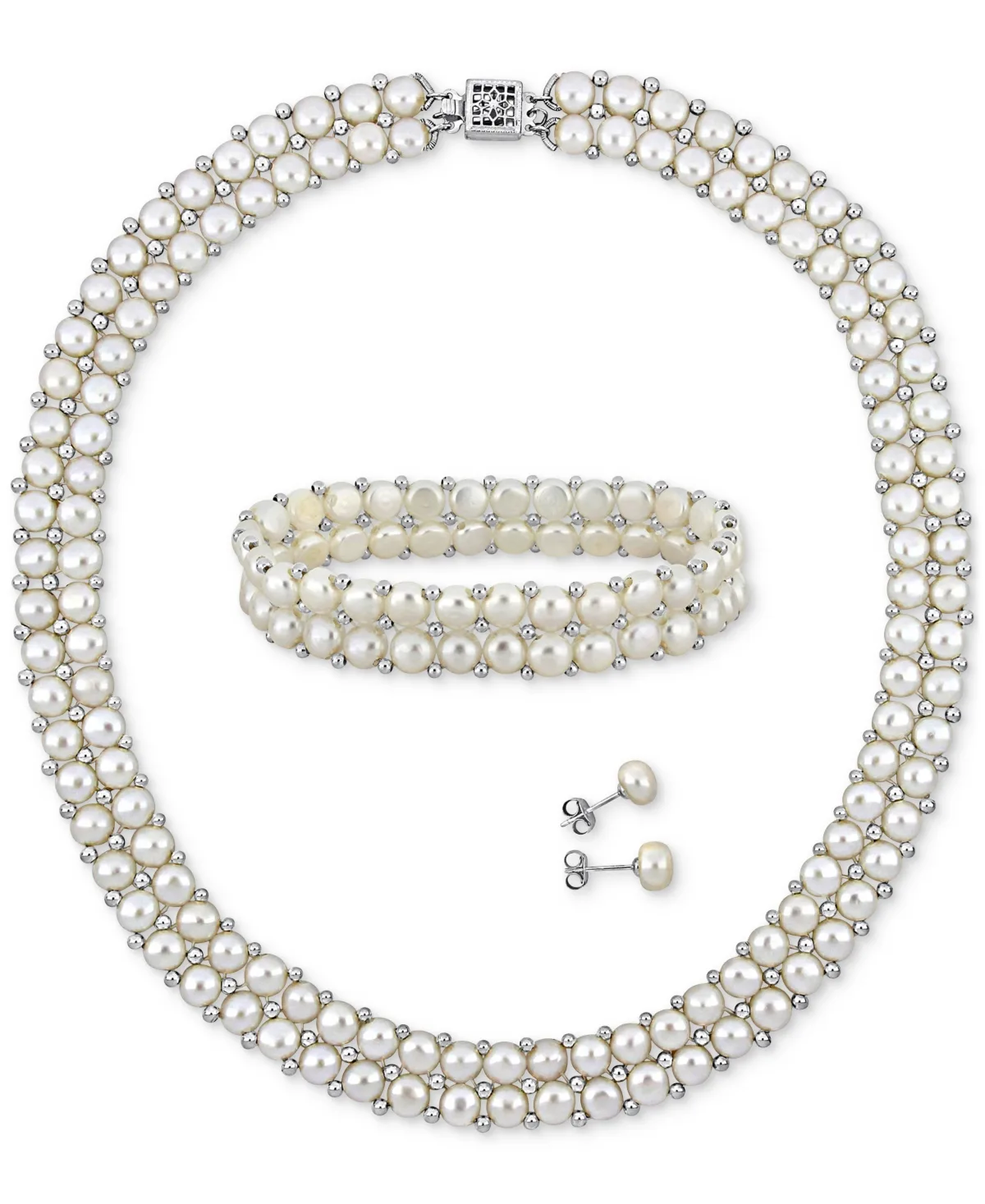 3-Pc. Set Pink Cultured Freshwater Pearl (6-8mm) Beaded Double-Row Strand Necklace, Stretch Bracelet & Stud Earrings in Sterling Silver by Macy's